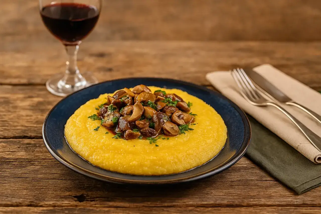 Herzhafte Polenta Taragna mit Pilzen, garniert mit Petersilie, serviert auf einem blauen Teller neben einem Glas Rotwein.