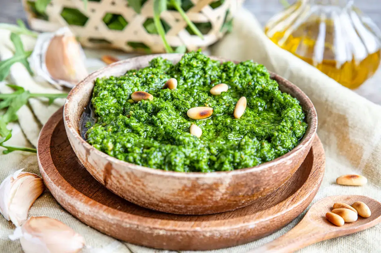 Frisches Rucola Pesto in einer Holzschale, garniert mit Pinienkernen. Daneben Knoblauch und Olivenöl.