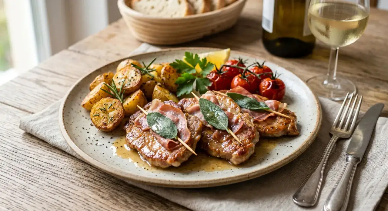 Saltimbocca Rezepte Italienisch: zarte Kalbsschnitzel mit Salbei und Parmaschinken, serviert mit Rosmarinkartoffeln und Kirschtomaten.