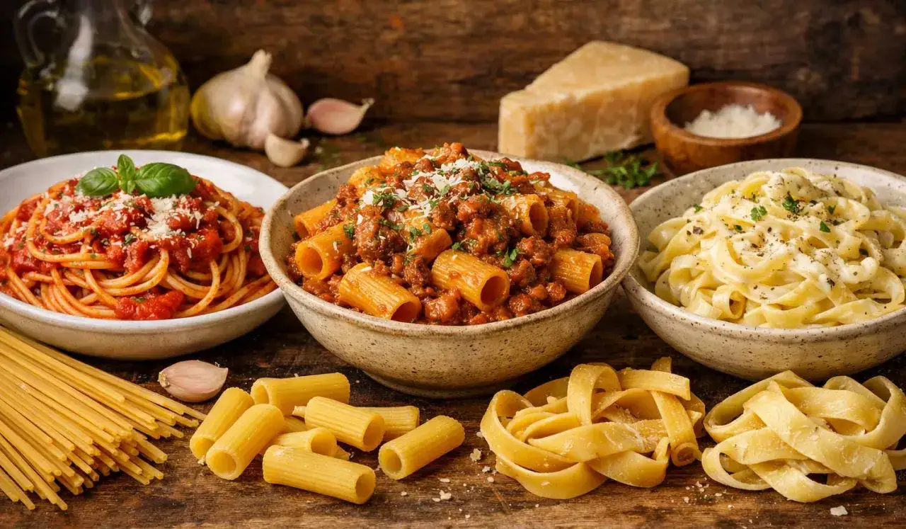 Verschiedene nudel formen: Spaghetti Bolognese, Rigatoni mit Hackfleischsauce und cremige Fettuccine Alfredo. Dazu frische Zutaten.
