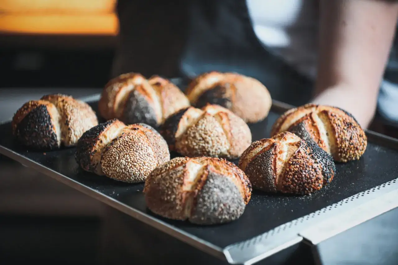 Frisch gebackene italienische Brotsorten mit Sesam und Mohn auf einem Blech.