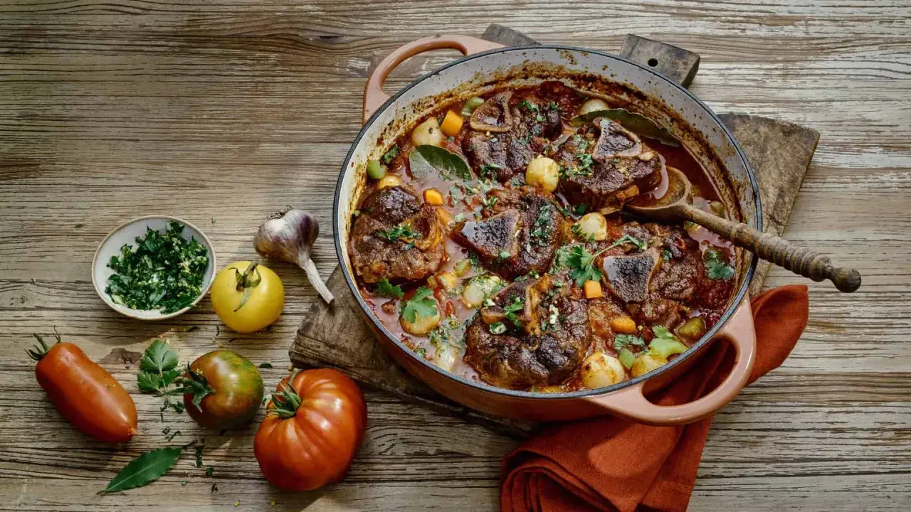 Herzhaftes italienisches Beinscheiben-Gulasch in einem Bräter, garniert mit frischer Petersilie. Daneben liegen Tomaten, Knoblauch und Kräuter.