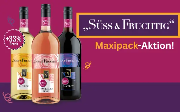 Drei Flaschen Wein: Riesling, Trollinger Rosé und Samtrot. „Süß & Fruchtig“ – Maxipack-Aktion mit +33% Gratis.