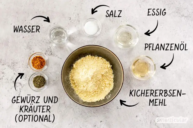 Zutaten für Kichererbsen-Pasta: Kichererbsenmehl, Wasser, Salz, Essig, Pflanzenöl und optional Gewürze/Kräuter.
