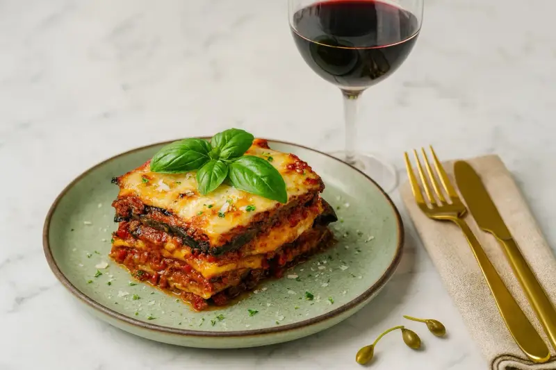 Ein köstlicher Auberginenauflauf italienisch, garniert mit Basilikum, neben einem Glas Rotwein und goldenem Besteck.